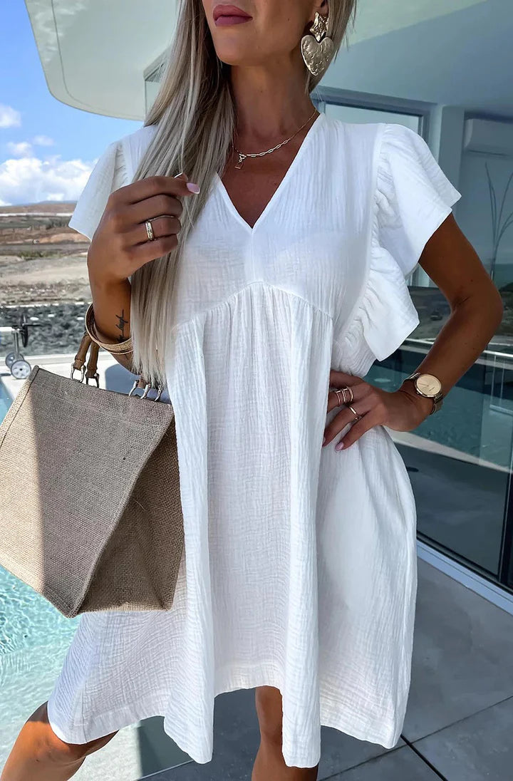 MINDIE RUFFLE FRILL SLEEVE COTTON GAUZE STYLE SMOCK DRESS-IVORY