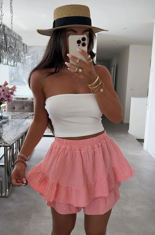 ALICIA COTTON GAUZE STYLE FRILL SKORT-CORAL