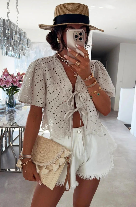 BELLE BRODERIE STYLE SCALLOPED HEM TIE-UP TOP-STONE