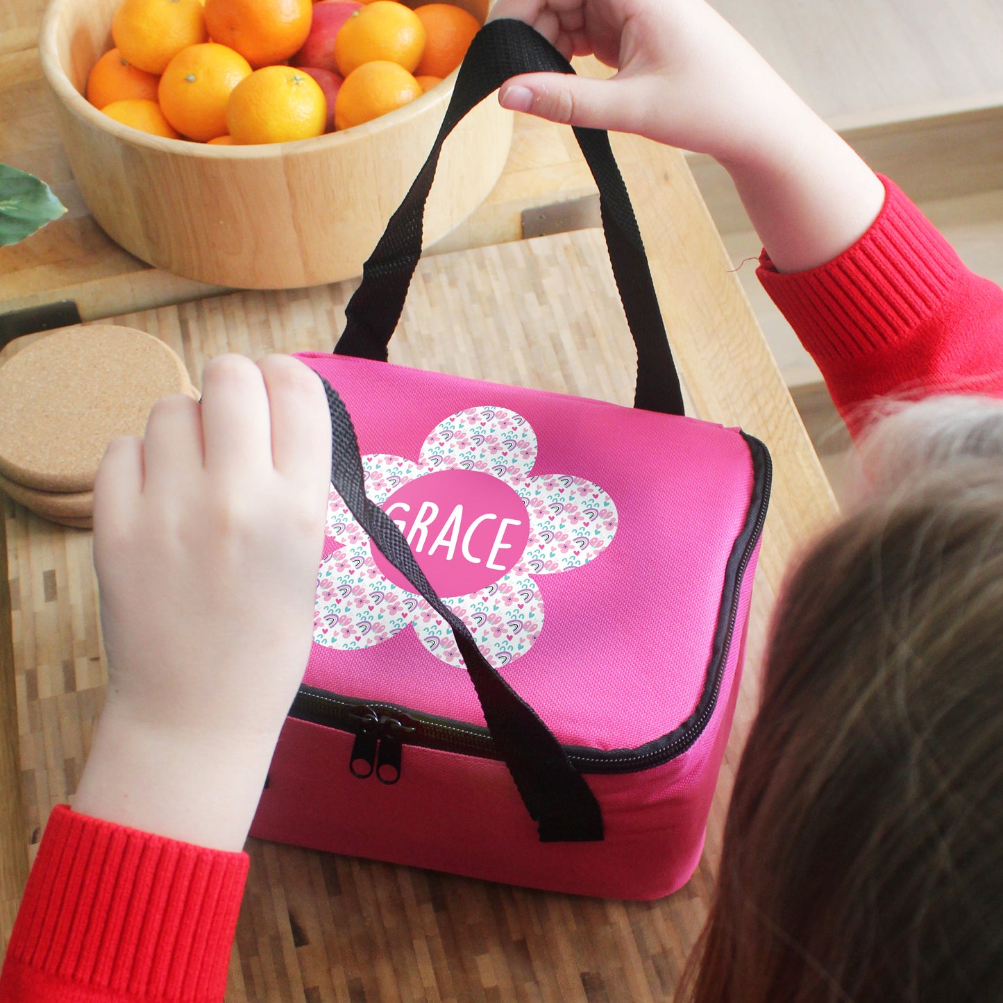 Personalised Flower Pink Lunch Bag