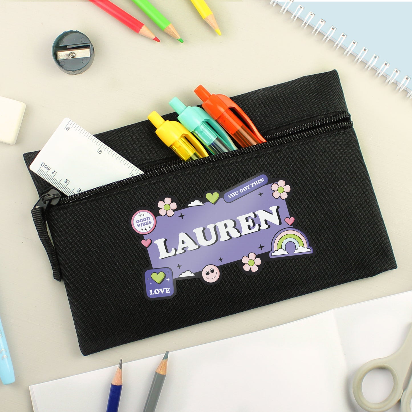 Personalised Good Vibes Black Pencil Case