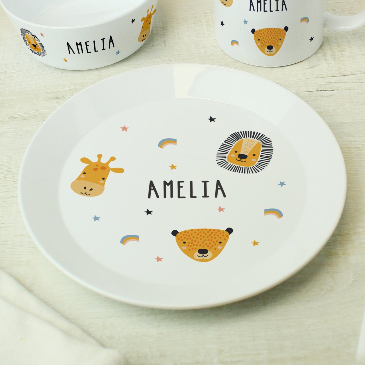 Personalised Safari Animals Plastic Childrens Breakfast Set