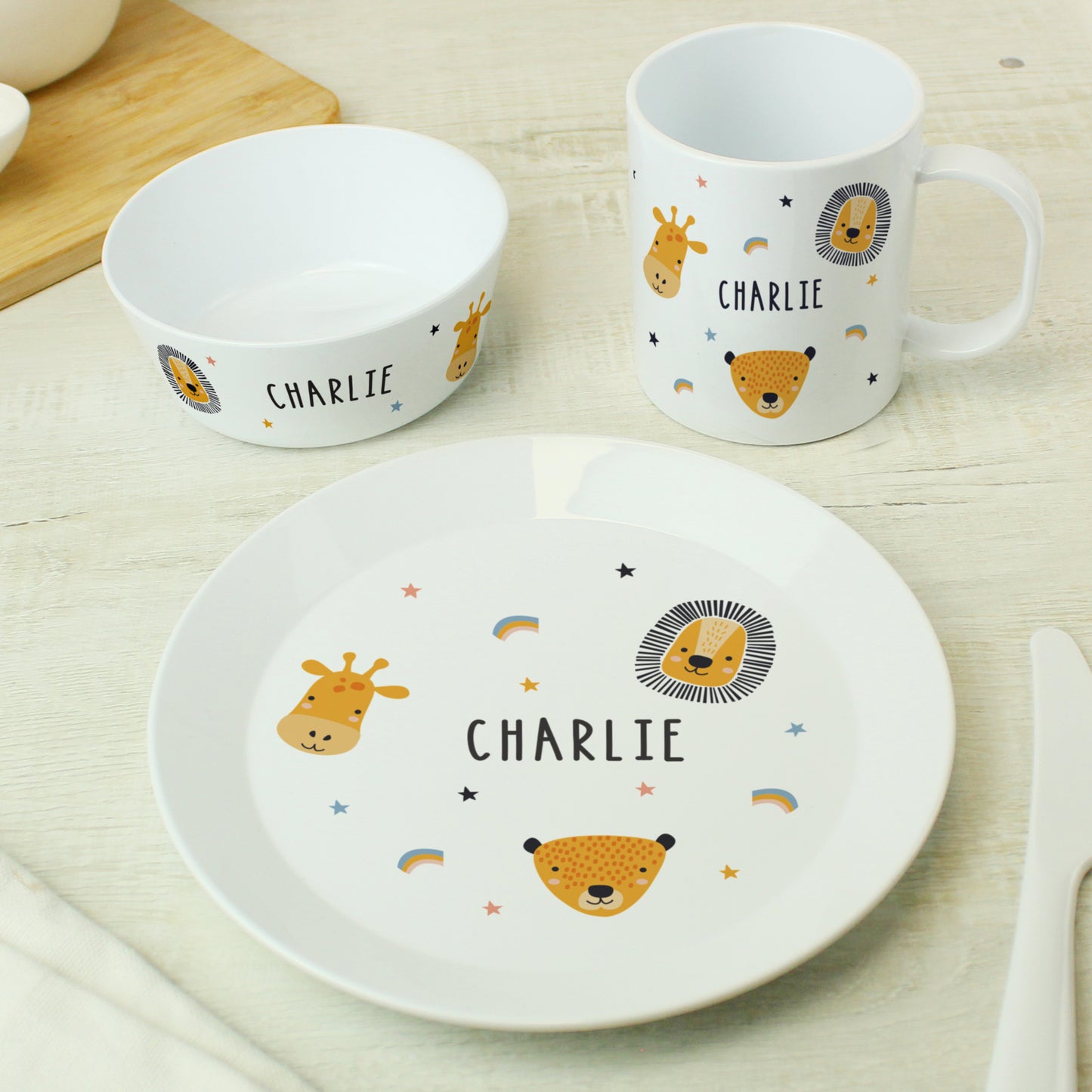 Personalised Safari Animals Plastic Childrens Breakfast Set