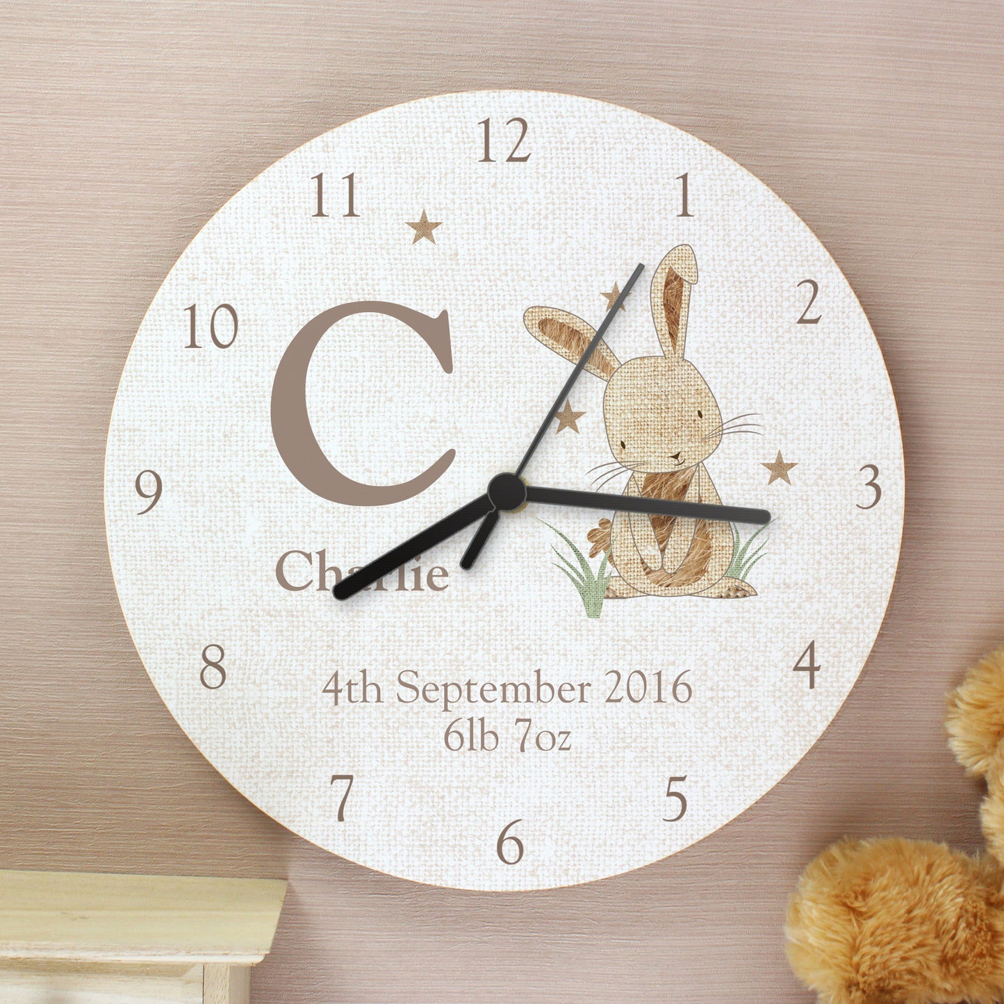 Personalised Hessian Rabbit Shabby Chic Large Wooden Clock