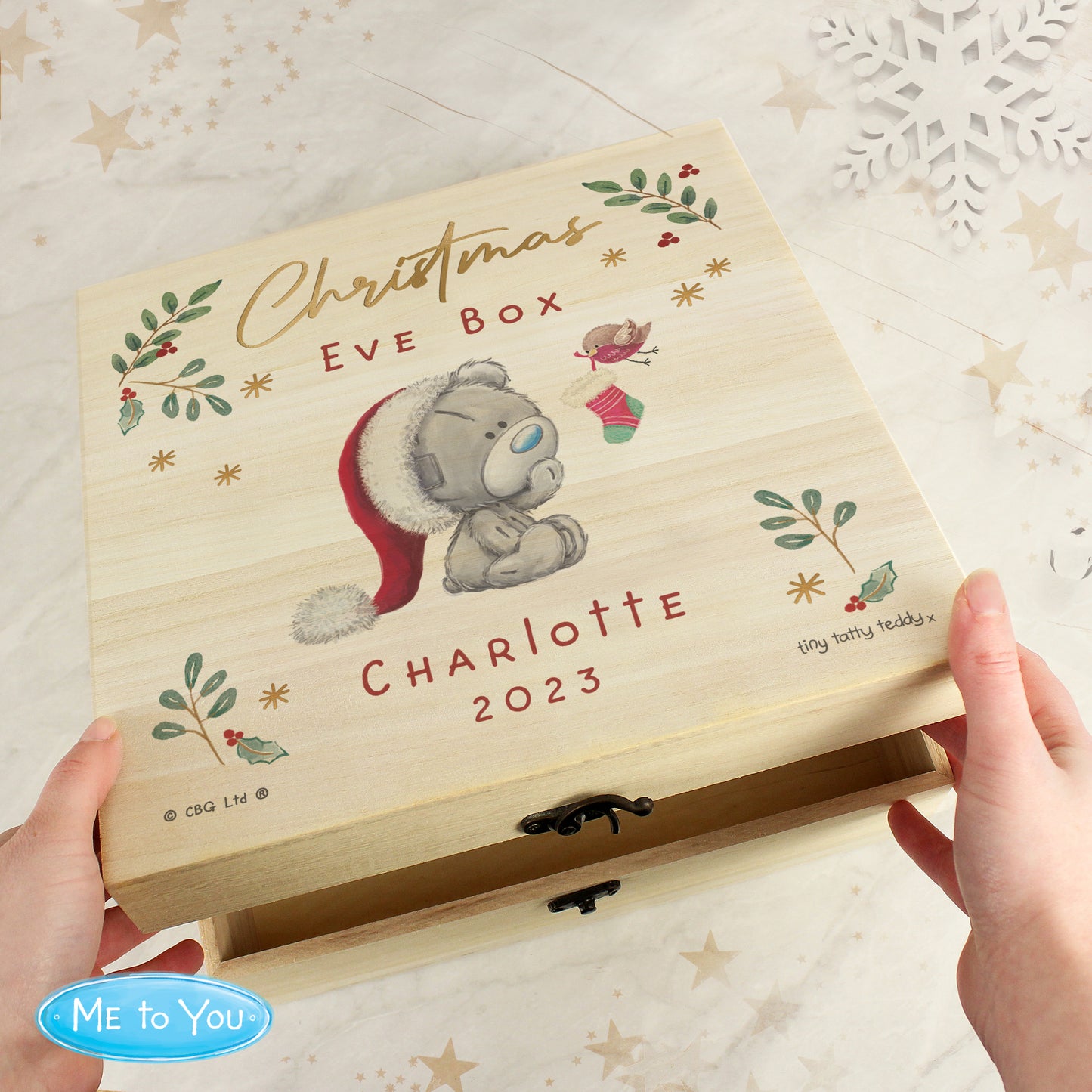 Personalised Winter Christmas Eve Tiny Tatty Teddy Large Wooden Keepsake Box